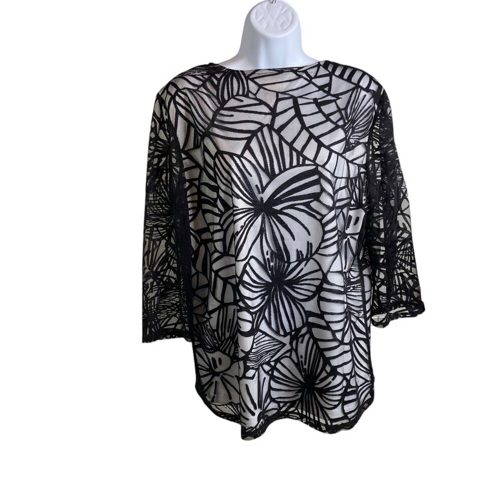 Chico's Womens Black Floral Appliqué Lined Top Size 2 Large Statement Moto Boho‎